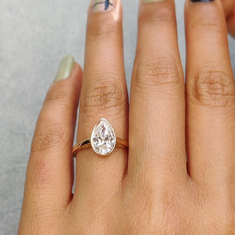 Pear Bezel Set Lab Diamond Engagement Ring In 14K Yellow Gold